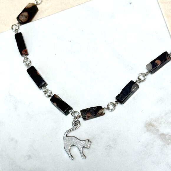Genuine Dark Green Ocean Jasper Short Necklace, Gemstone & Slim Cat Charm - Picture 5 of 13